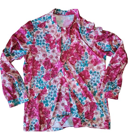 VNTG 80s Bright Floral Silky Tapestry Blouse M Nehru Collar Romantic Coquette - Picture 7 of 8